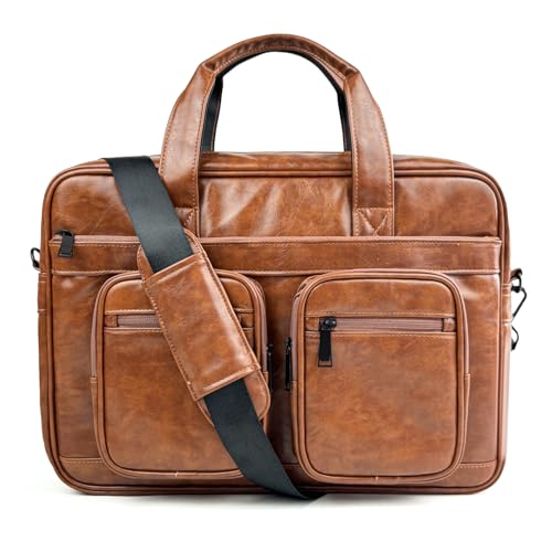 Image of MOCA PU Leather Laptop Bag for Men & Women | Office Briefcase | Multi-Pocket Messenger Bag | Fits 15.6 Inch Laptop | Adjustable Shoulder Strap