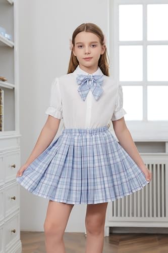 Image of Betusline Girls JK Uniform Outfit, Shirt with Bow & Pleated Skirt,13-14Y