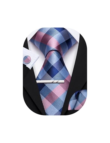 Image of YOHOWA Men Plaid /Striped Ties Set Silk Business Wedding Formal Fashion Necktie and Pocket Square Cufflinks Set