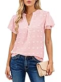 Blouses for Women Dressy Casual V Neck Ruffle Short Sleeve Flowy Tops Cute Summer Shirts Professional Business Tunic (Pink, L)