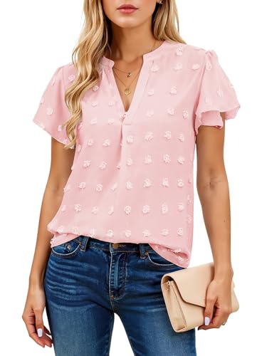 Womens Blouse V Neck Ruffle Short Sleeve Flowy Shirts Dressy Casual Cute Summer Tops Tunic Fashion Clothes