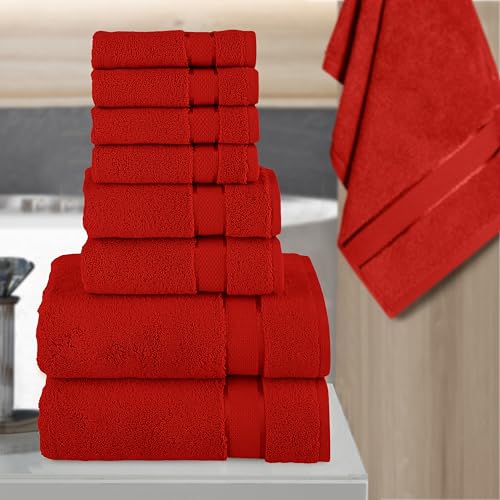 Image of Elegant Comfort Premium Cotton 8-Piece Towel Set, Includes 4 Washcloths, 2 Hand Towels and 2 Bath Towels, 100% Turkish Cotton - Highly Absorbent and Super Soft Towels for Bathroom, Red