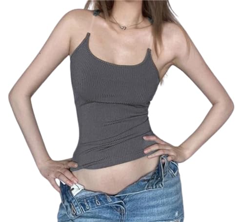 HBWL01 IDEWO - Camiseta sin mangas estética con tirantes invisibles, tirantes delgados, camisetas sexys para mujer, camiseta Y2k, linda (Wahite, M, M), Gris oscuro, M