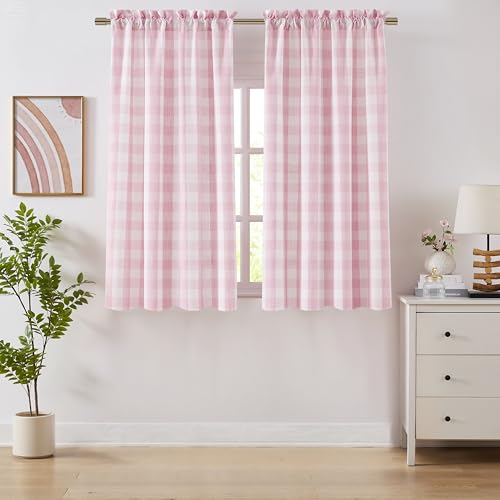 Bapawfish 63 Inch Pink White Buffalo Plaid Semi Sheer Curtains