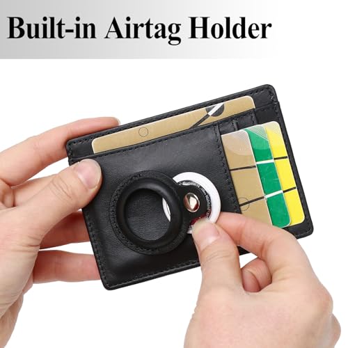 Slim Minimalist Wallet for Men with Airtag Holder Genuine Leather RFID Blocking Compact Front Pocket Card Holder, Black2