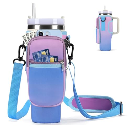 Image of HASTHIP Water Bottle Carrier Bag for Stanley 40 /30 oz Tumbler with Phone Pocket Water Bottle Holder with Strap Neoprene Water Bottle Pouch for Stanley Cup Accessories (Gradient Purple)