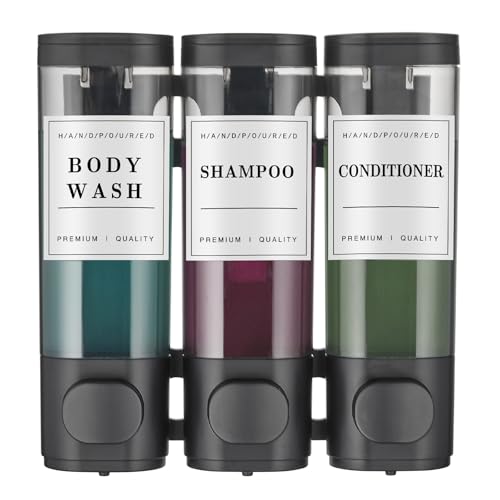 Shampoo and Conditioner Dispenser Shower Dispenser Body Wash Wall Mounted Shampoo Dispenser for Shower Wall No Drill for Bathroom Hotel 3 Chamber x 300ml Black with Waterproof Labels by Cabo Deseado - Used condition - US$18.63