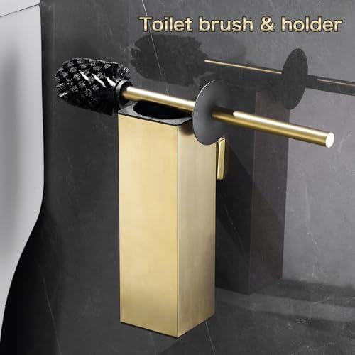 Image of Toilet Brush Set - Brushed Gold, Wall-Mounted Holder, Cleaning Brush Head, and Splash Guard