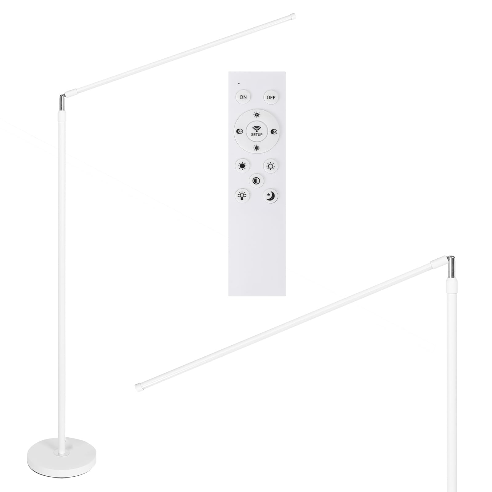 Floor Lamp with Long Lamp Head and Adjustable Height, White Stepless and Dimmable Reading Light Floor Lamp, LED Floor Lamp for Office, Bedroom and Living Room, Remote and Phone Control