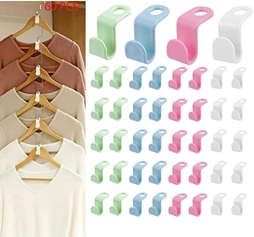 Hangers Space Saving,Clothes Hanger Connector Hooks Plastic Hooks Cascading Organizer for Heavy Duty Clothes Closet (Hanger Hook, Multicolor 60PCS)
