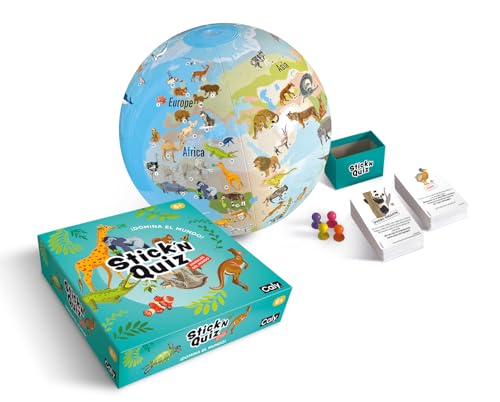 CALY Stick'N Quiz Juego de Mesa Globo Hinchable. Globo terráqueo Animales del Mundo, Aprende Jugando