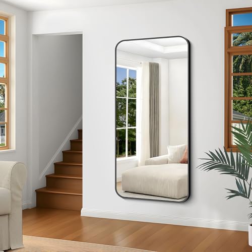 Image of Black Bathroom Mirror, 66x30 inch Aluminum Metal Frame Rectangular Vanity Mirror, Large Wall Mounted Rectangle Mirrors with Rounded Corner for Over Sink Bedroom Living Room Horizontal /Vertical