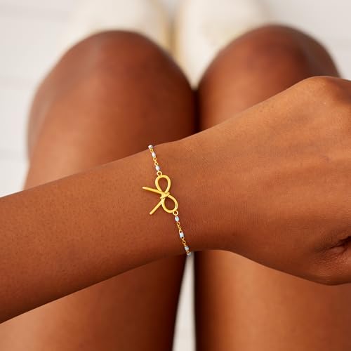 STORYJEWELLERY Gold Bow Bracelet for Women, Cute Charm Bracelets with 18K Gold Plated, Dainty Bracelet with Blue Beads, Trendy Bow Jewelry, Birthday Gifts for Women, Perfect Graduation Gifts by STORYJEWELLERY - Image 4