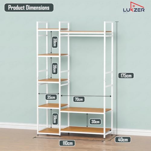 Image of Lukzer Heavy Duty Garment Rack with 8 Shelves & Hanging Rod | Free-Standing Modern Clothes Stand Metal & Engineered Wood Shoe Rack with Adjustable Foot Pads for Living Room - MMR-004 /White & Oak Brown