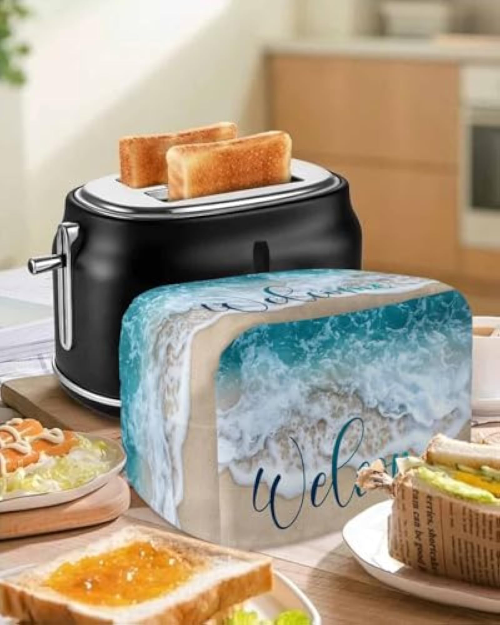 2-Slice Blue Ocean Toaster Cover, Dustproof Oven Protector with Hook