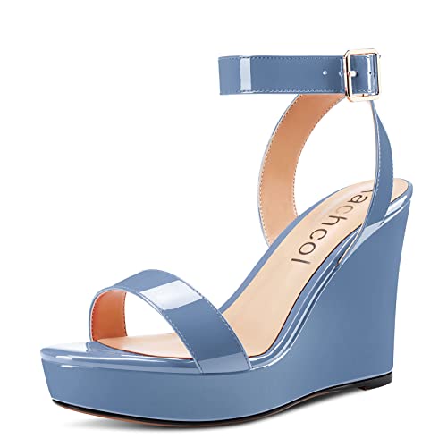Image of Aachcol Women Platform Wedge Sandals Round Peep Open Toe Ankle Strap Slingback Two-Piece Chunky Block High Heel Dress Shoes Pumps Party Patent 4 Inch