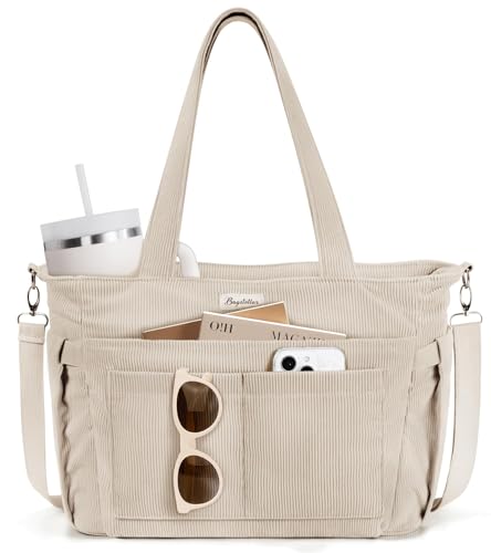 Bolsa de corduroy feminina Bagstellar, bolsa de trabalho com 17 bolsos, leve, para laptop, professora, enfermeira, bolsa para Bíblia, para viagem escolar, Off-white, 16.5'L x 6'W x 12'H