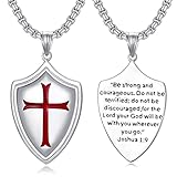 PDTJMTG Sterling Silver Knights Templar Cross Joshua 1:9 Shield Pendant Necklace with 22+2 inch Stainless Steel Chain Men's Verse Bible Armor of God Necklace (Silver)