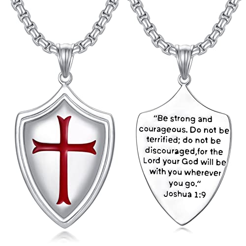 Sterling Silver Knights Templar Cross Joshua 1:9 Shield Pendant Necklace with 22+2 inch Stainless Steel Chain Men's Verse Bible Armor of God Necklace