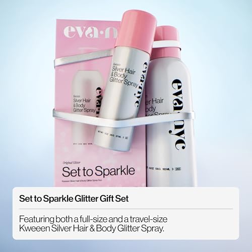 Image of Eva NYC Kweeen Silver Hair and Body Glitter Spray Set - Original Ultra Shimmery Glitter, New Look - Adds Shine + Non-Sticky - Quick Drying Spray - Warm Vanilla Scent - Full Size + Travel Size Gift Set