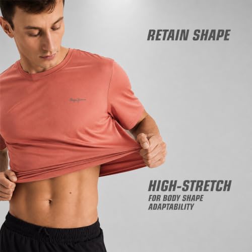 Image of Pepe Jeans Men's Solid Polyester Regular Fit T-Shirt | Lightweight Quick-Dry Athleisure Tee for Sports, Gym & Casual Wear | Moisture-Wicking Fabric | Round Neck | Short Sleeves | Active Comfort