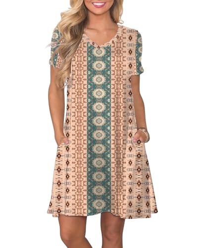 Image of COSSEN Women's Casual T Shirt Dress V-Neck Short Sleeves Swing Dresses Birthday Party Summer Travel Beach with Pocket