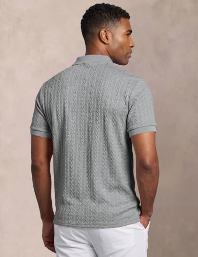 Image of JMIERR Men's Cable Knit Polo Shirts Elasticity Short Sleeve | Men's cable knit polo shirt with elasticity, machine wash, short sleeve, breathable textured knit for spring summer
