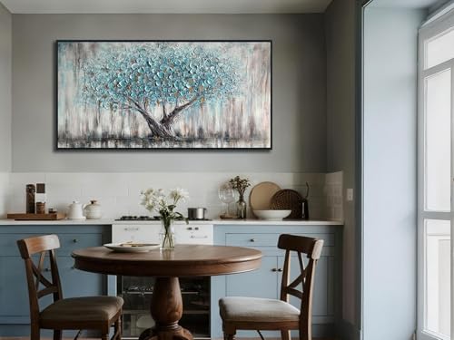 Image of Arjun Framed Blue Tree Canvas Wall Art for Living Room Tree of Life Abstract Bedroom Textured Painting, Nature Picture Landscape Artwork Home Office Decor, Black Wood Large 40 inchx20 inch