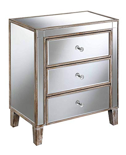 Convenience Concepts Gold Coast Large 3 Drawer Mirrored End Table, Weathered White Mirror
