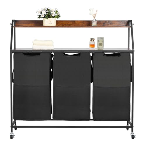 VEVOR Cesta para la Colada, Clasificador de Ropa 1040 x 330 x 1045 mm con 3 Compartimentos de Tela Oxford 600D, Tablero de Madera, Ruedas y Estantes Tipo Escalera, Clasificador de Ropa Sucia, Negro