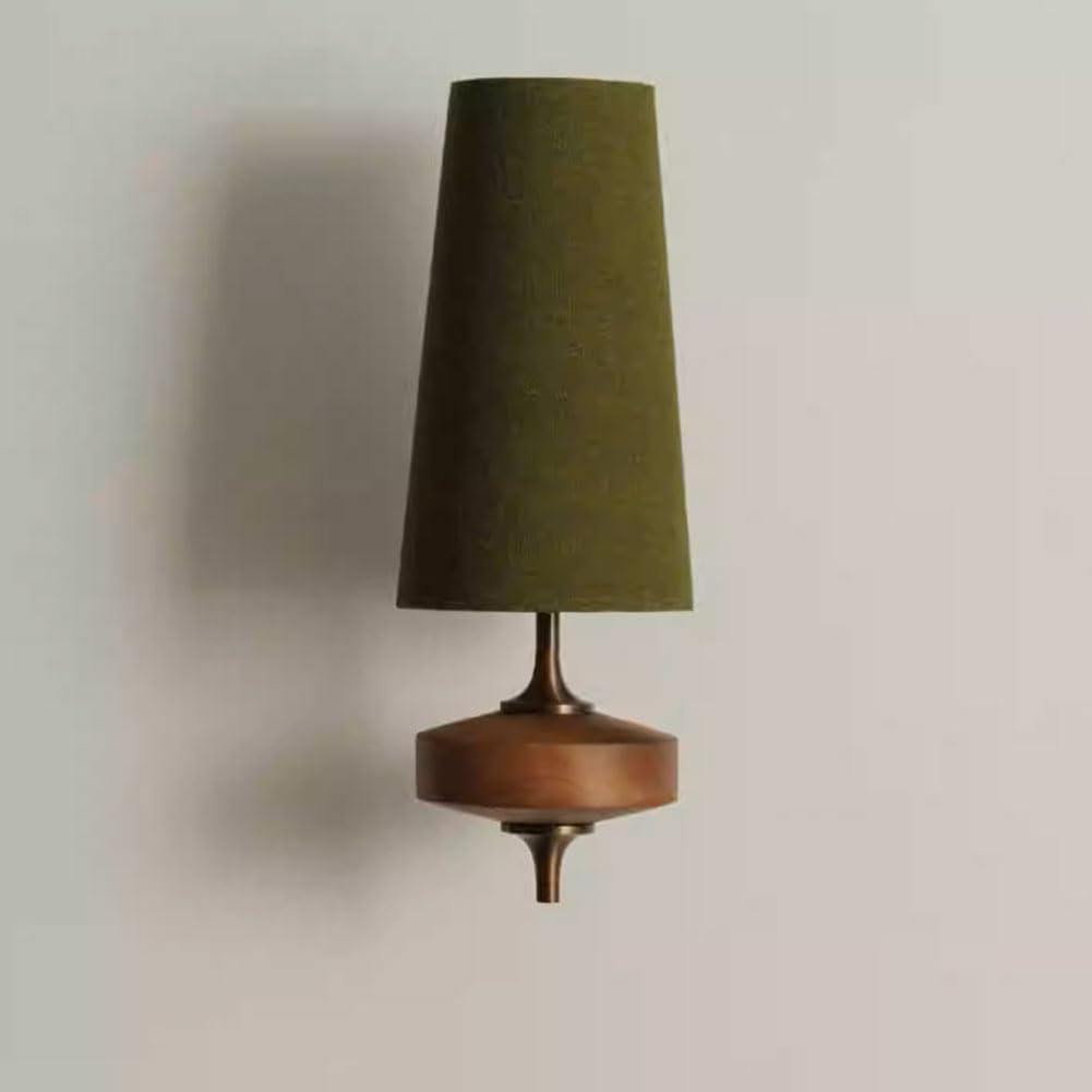 LOGT Tapered Fabric Shade Wall Sconce, Mid-Century Style, Wood and Brass Wall Lamp, Retro Industrial Style, Bedroom Lamp, Wall Lighting for Sofa, Entryway, and Hallway,Green