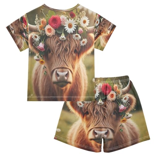 Spring Highland Cow Flower Pajama Set Short Sleeve PJ Set Cotton Summer Pajamas Sleepwear Soft 5Y2