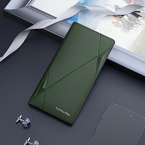 VANNANBA Long Slim Wallet for Men RFID Blocking Leather Checkbook Wallet,Thin Bifold Credit Card Holder with ID Window & Gift Box(Green Army)3