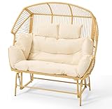 ECOTOUGE Patio Double Egg Chair, Indoor Outdoor Oversized Loveseat, 2 Person Extra Large Wicker Lounge Rocking Glider Chairs w/Thicken Padded Cushions and Pillow for Garden Balcony Sunroom, Yellow