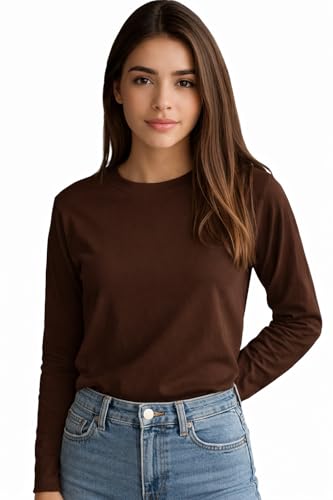 Image of JUNEBERRY Pure Cotton Round Neck Regular Fit Core Fashion Solid Full Sleeve T-Shirt for Women & Girls (Colors: Black, Cork, Green, Navy, Swanwhite & White)