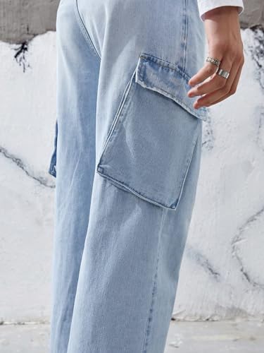 Image of KOTTY Men's Loose Fit Cargo Denim Jeans - Vintage Washed Utility Jeans with Side Pockets
