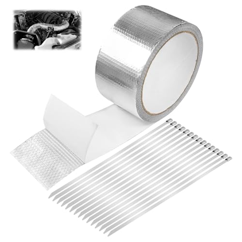 SyiXute 1 Rollos Cinta Anticalorica Escape Aislante 10 m x 5 cm,Cinta Adhesiva De Aluminio con 15 Bridas de Acero Inoxidable,Cinta de Escape Autoadhesiva para Coche,Moto,Colector (Plata)