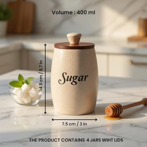 Image of Ceramic Tea Coffee Sugar Salt Containers Set of 4 with Wooden Lids | Jar and Container for Kitchen Storage Set | Multi Utility Air Tight Kitchen Organizer Items (Hand-Painted, 400 ML)