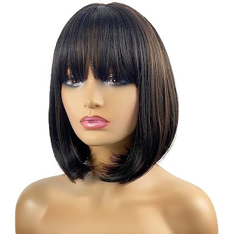 MIMISERVICE Short Bob Wig with Hair Bangs,Black and Brown Straight Short Wig for Women Natural Looking Heat Resistant Wigs Cover