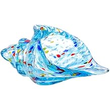 Hand Blown Glass Conch Shell, Decorative Blue Multi-Color Art Glass Seashell