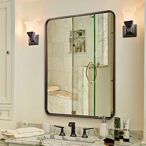 Image of ANDY STAR 28x36 INCH Bronze Bathroom Mirror, Rounded Rectangle Oil Rubbed Bronze Mirrors for Bathroom,Tube Metal Framed, 1'' Deep Wall Mounted Vertically /Horizontal