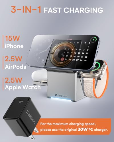 Image of ZEEHOO 3 in 1 Charging Station for Apple, Mag-Safe for iPhone Charger, Certified Rotating Wireless Charger Stand for iPhone 17,16,15,14,13,12 Series, Apple Watch, AirPods (USB-C Charger Included)
