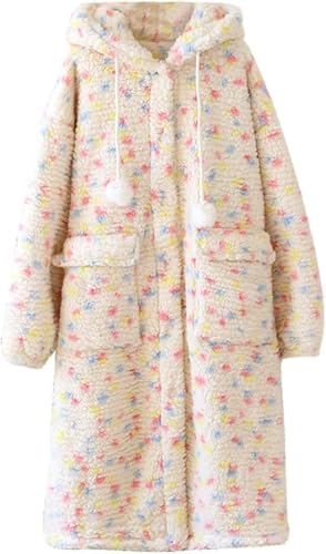 DSAoTeng Camisón largo de franela con botones y bolsillos para mujer, suave, cálido, mullido, terciopelo coral, grueso, con capucha, para otoño e invierno (blanco 1, talla única), White1, Altoa única