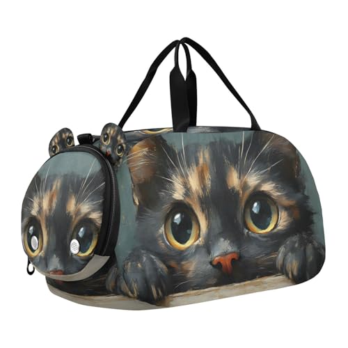 Duffle Bag for Boys or Girls with Shoes Compartment, Peeking Cat Sports Travel Bag Overnight