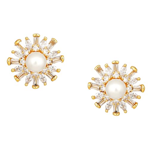 Estele 24 Kt Gold Plated Brass American Diamond and Baguettes Pearl Flower Stud Earrings for Girls (AD-104/709) (B08D7NYPZ4) Amazon Price History, Amazon Price Tracker