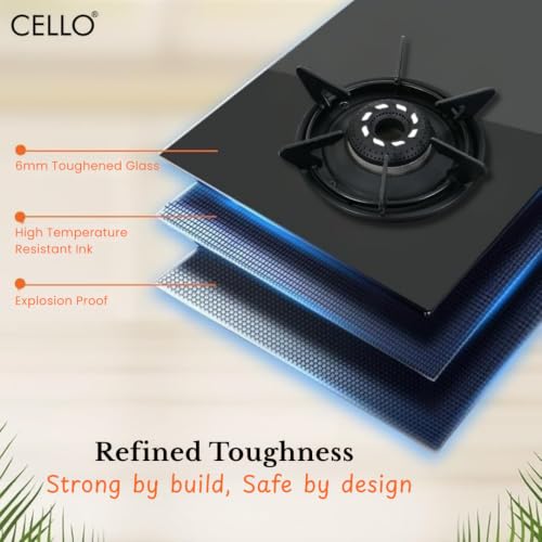 Image of Cello Dezire Plus 2 Burner Gas Stove | 6mm Toughened Glass | Manual Ignition | ISI Certified | Rapid Alloy Burnes | 1 Year Warranty | Hexa Pan Supports
