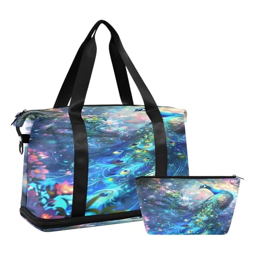 ALAZA Beautiful Peacock Colorful Travel Duffel Bag for Women Men Sports Gym Bag with Shoe Compartment Tote Weekender Overnight Bag with Wet Pocket for Travel, Gym,Yoga,Swimming