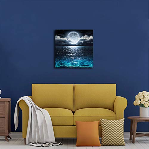 Moon Painting Canvas Wall Art - Bright Moonrise On Sea Ocean Cloud Picture For Living Room Decor 12X12Inch Framed Print Modern Landscape Nature Poster Ready To Hang Office Bedroom Bathroom Artwork #TOP2