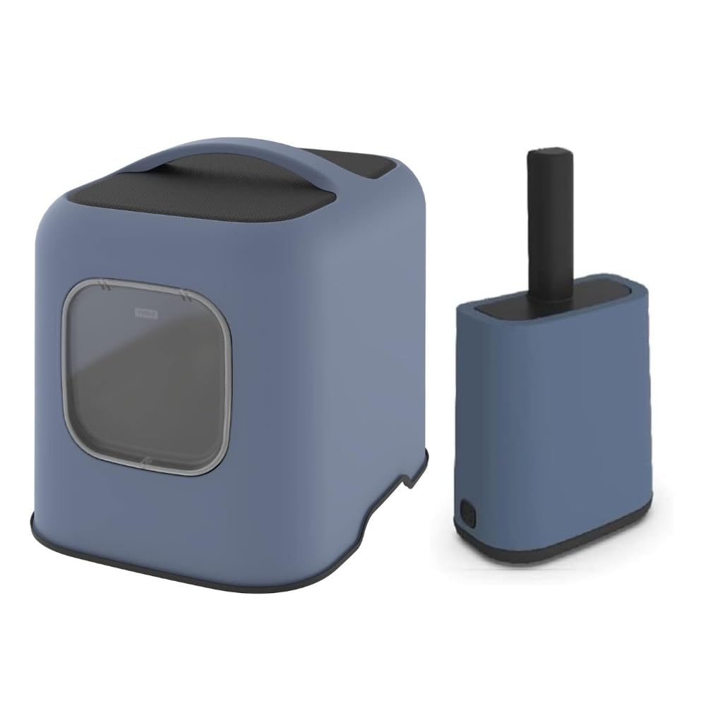 """Rotho MyPet Biala Cat Litter Tray & Scoop Set ? Large Covered Cat Litter Box with Carbon Filter, Scoop with Holder & 16 XL Bags ? Odor Control, Easy Clean, Recycled Plastic (PP), Blue"""