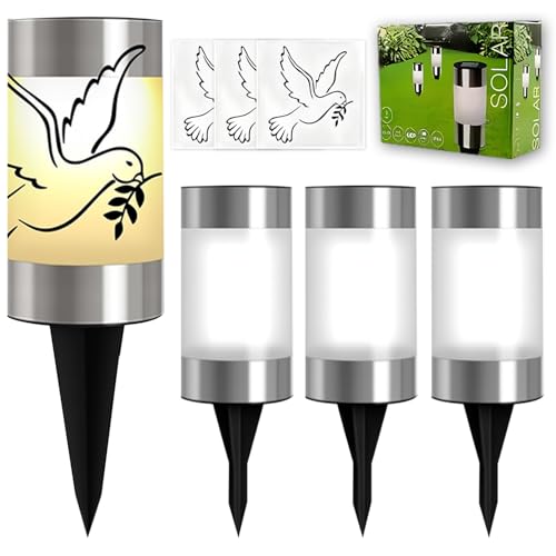 Aohcae Set of 3 Solar Grave Lights with Ground Spike and Dove Stickers, Grave Light, Solar Weatherproof, Cemetery Candles, LED Solar for Grave Decoration, Memory (Warm White)